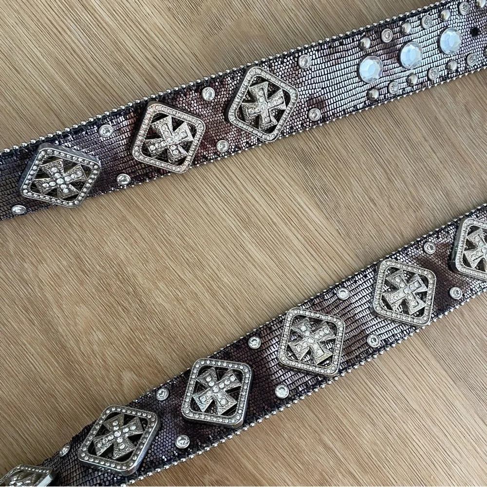 Nocona Belt Co Snake and Cross Rhinestone Leather Belt NEW